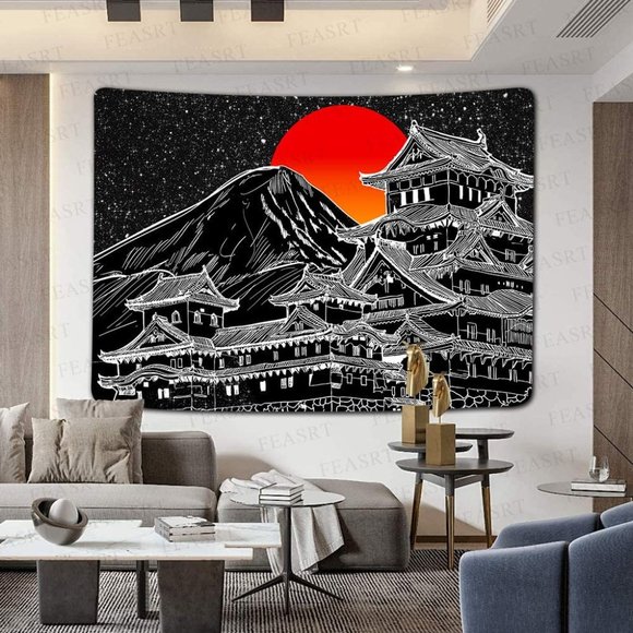 Japanese Fuji Mountain Art Chinese Dojo BlackWhite Sunset Graphic Print Tapestry - Picture 3 of 6